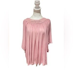 Romantic Blush Pink 1X Flowy Tunic – Cottagecore Smocked Neck & Floral Hem